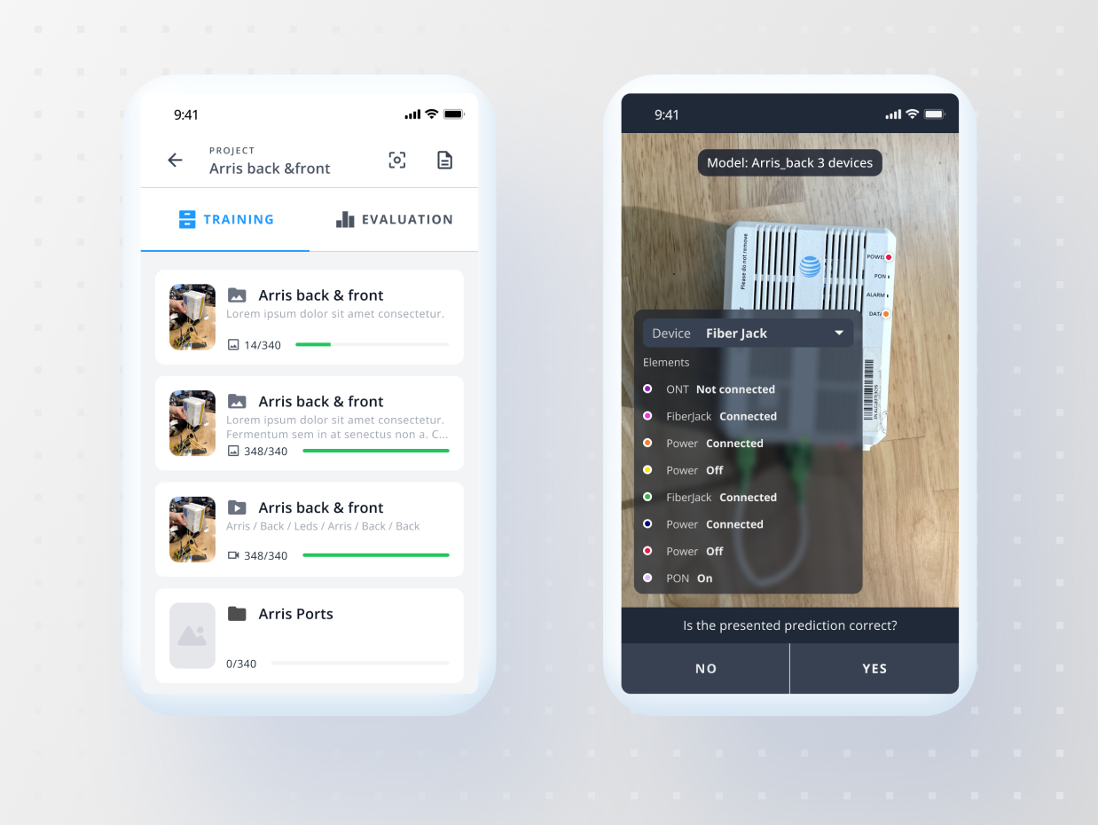 The Data Collection App on two phone screens: a project's training and evaluation sets with capture progress against each quota, and the live camera view checking a model's prediction of a device's ports and indicator lights